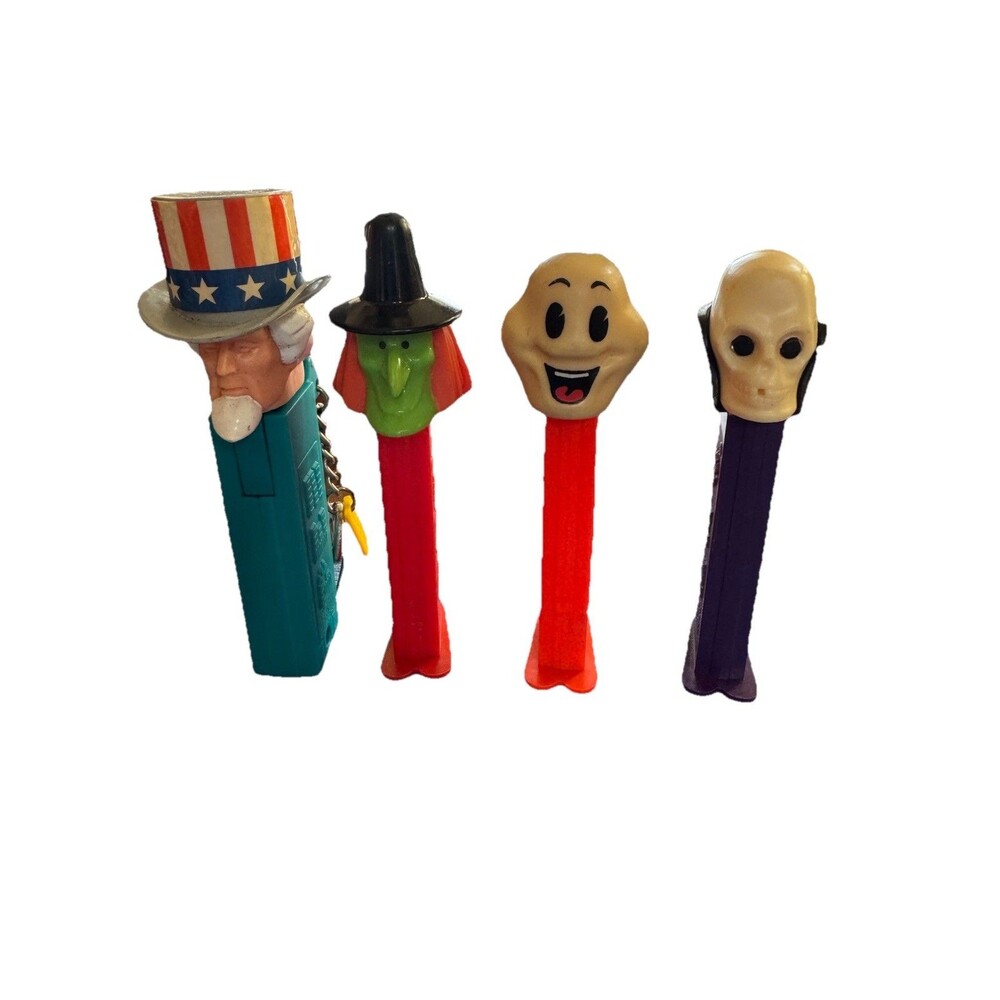 Lot of 4 Unique Vintage Pez Dispensers Uncle Sam Keychain Skull Witch